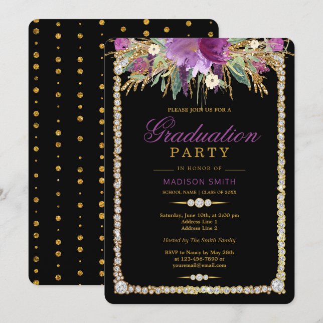 Invitation Parties scintillant Aquarelle Fleurs Diamants Grad (Devant / Derrière)