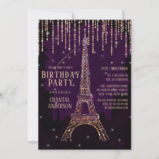 Invitation Parties scintillant Aquarelle Paris Tour Eiffel Pa (Devant)