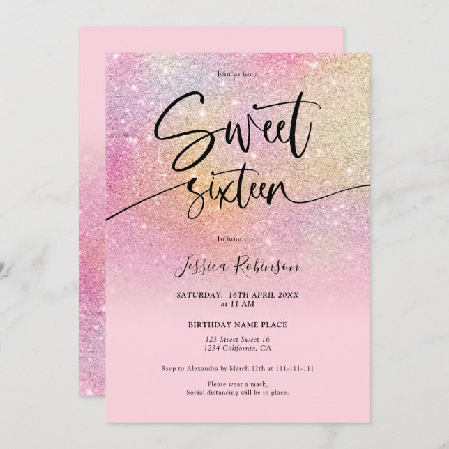 Invitation Parties scintillant arc-en-ciel ombre rose girly S (Devant / Derrière)