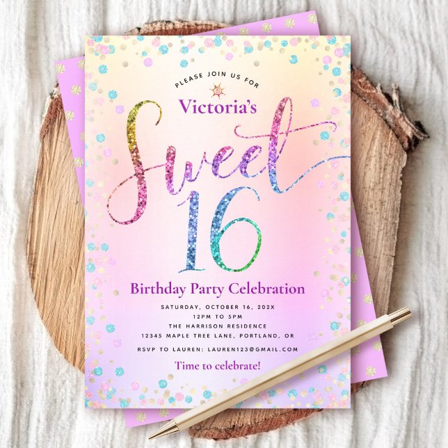 Invitation Parties scintillant arc-en-ciel Ombre Script Sweet (Créateur téléchargé)