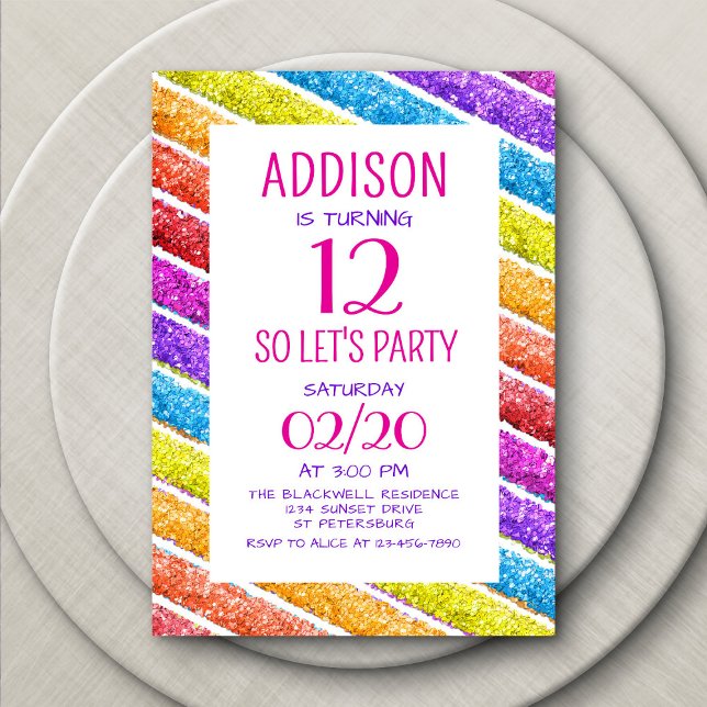 Invitation Parties scintillant arc-en-ciel rayures Anniversai (Créateur téléchargé)