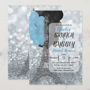 Invitation Parties scintillant Argent Bleu Balloons Eiffel To