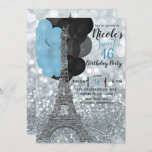Invitation Parties scintillant Argent Bleu Balloons Paris Tou
