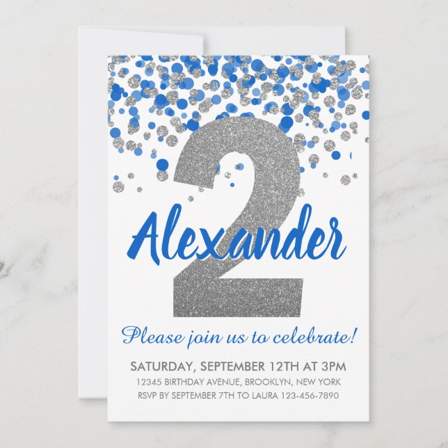 Invitation Parties scintillant Argent Bleu Confetti Garçon De (Devant)