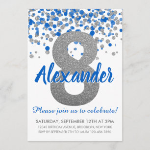 Invitation Parties scintillant Argent Bleu Confetti Garçon Hu