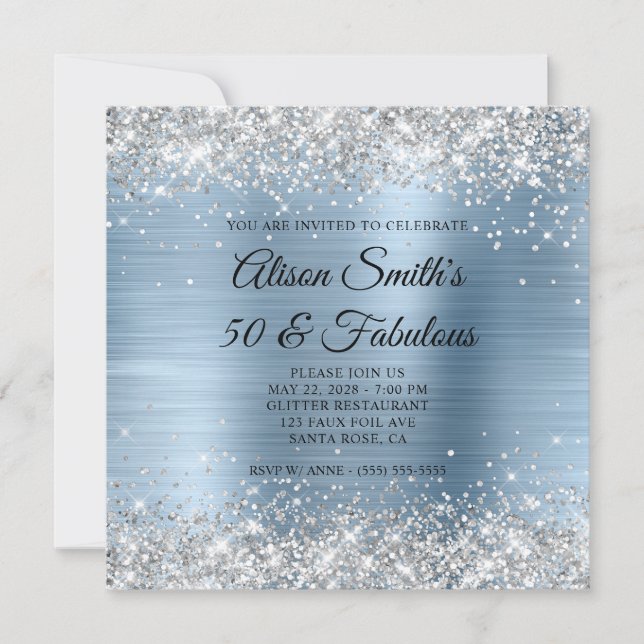 Invitation Parties scintillant argent clair Monogramme bleu 5 (Devant)