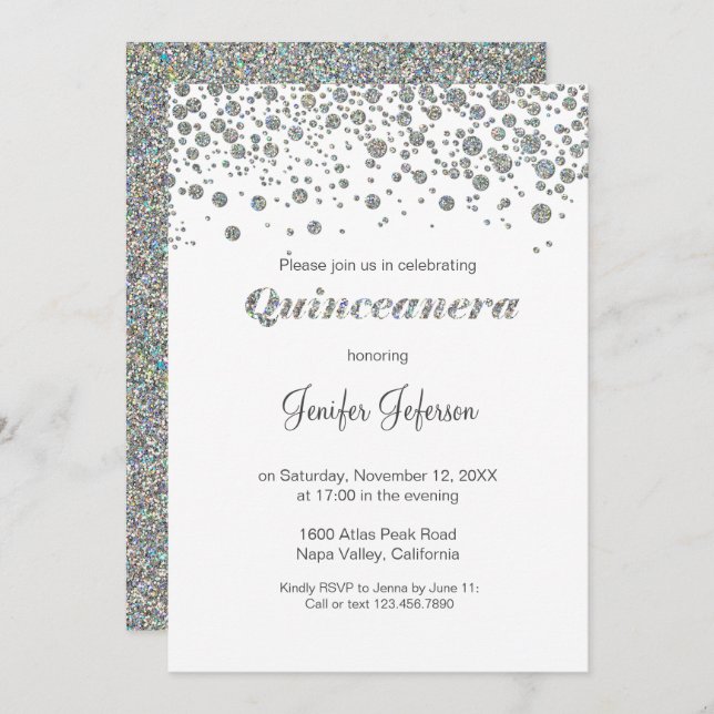 Invitation Parties scintillant argent confetti Quinceanera In (Devant / Derrière)