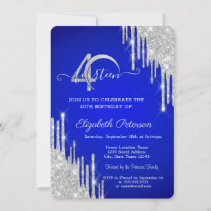Invitation Parties scintillant argent gouttes bleu 40e annive