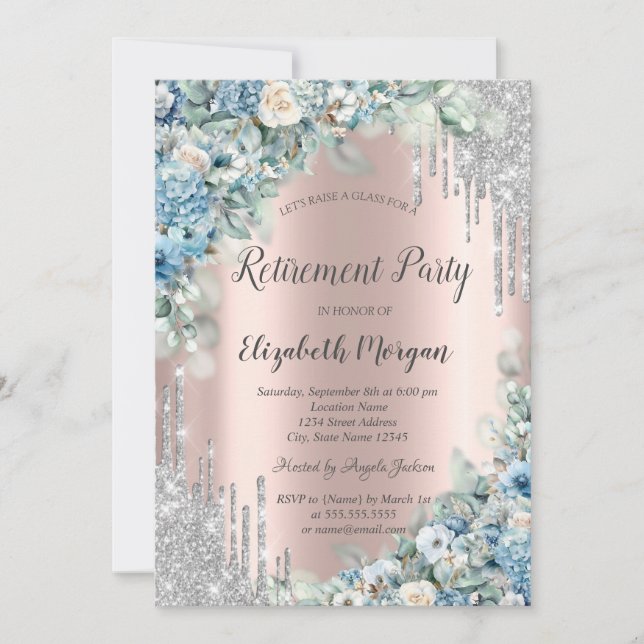 Invitation Parties scintillant argent gouttes Blue Flowers re (Devant)