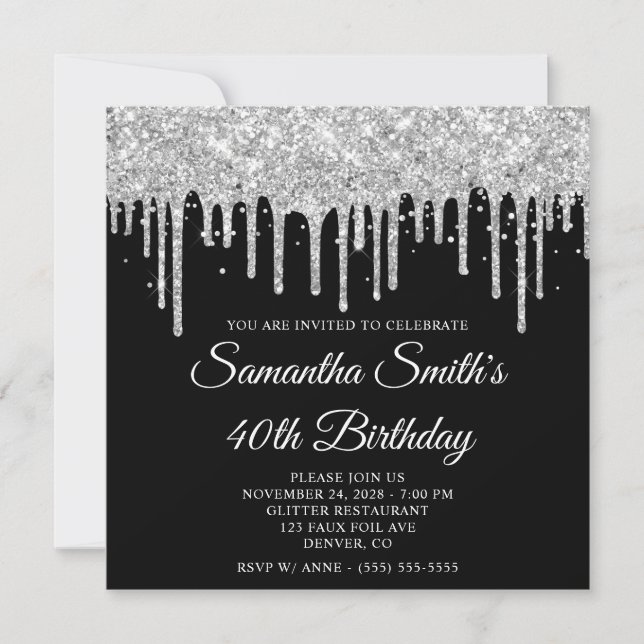 Invitation Parties scintillant argent gouttes noir 40e annive (Devant)