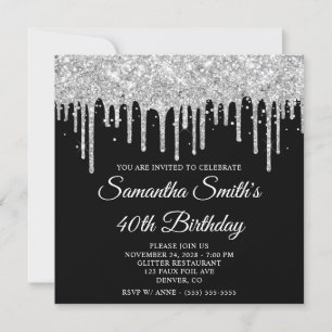 Invitation Parties scintillant argent gouttes noir 40e annive