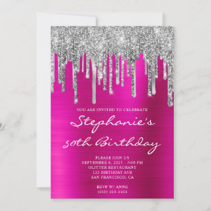Invitation Parties scintillant argent gouttes rose chaud 50e 