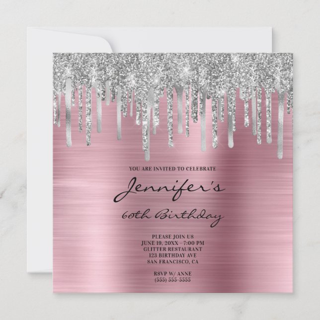 Invitation Parties scintillant argent gouttes rose huile 60e  (Devant)