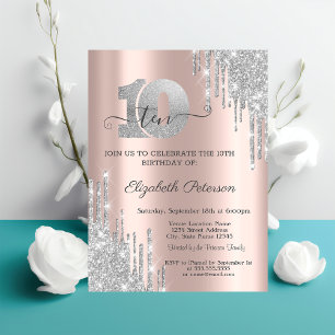 Invitation Parties scintillant argent gouttes Rose or 10e ann