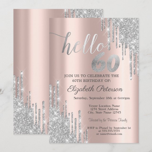 Invitation Parties scintillant argent gouttes Rose or 60e ann (Devant / Derrière)