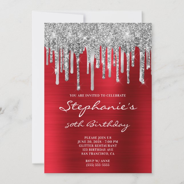 Invitation Parties scintillant argent gouttes rouge huile 50e (Devant)