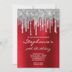 Invitation Parties scintillant argent gouttes rouge huile 50e