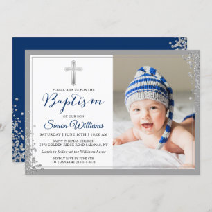 Invitation Parties scintillant Argent Marine Bleu Garçon Bapt