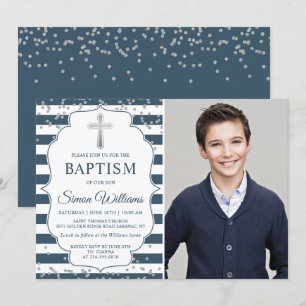 Invitation Parties scintillant Argent Marine Bleu Stripes Bap