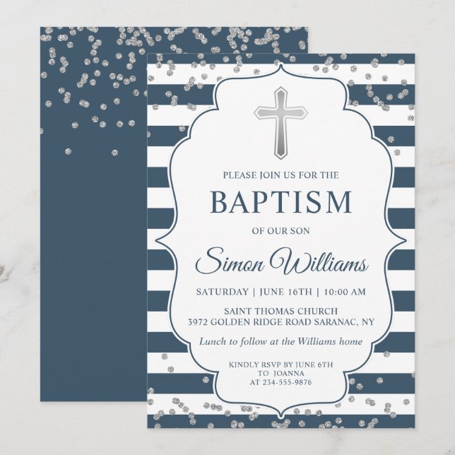 Invitation Parties scintillant Argent Marine Bleu Stripes Gar (Devant / Derrière)