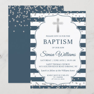 Invitation Parties scintillant Argent Marine Bleu Stripes Gar