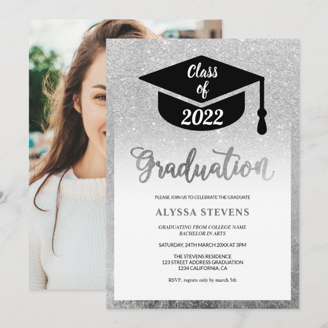 Invitation Parties scintillant argent moderne simple graduati (Devant / Derrière)