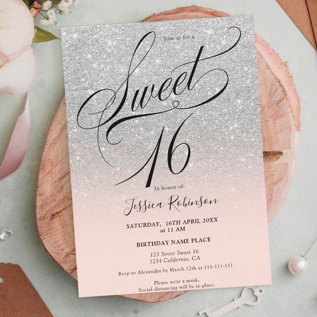 Invitation Parties scintillant argent ombre chic script rose  (Créateur téléchargé)