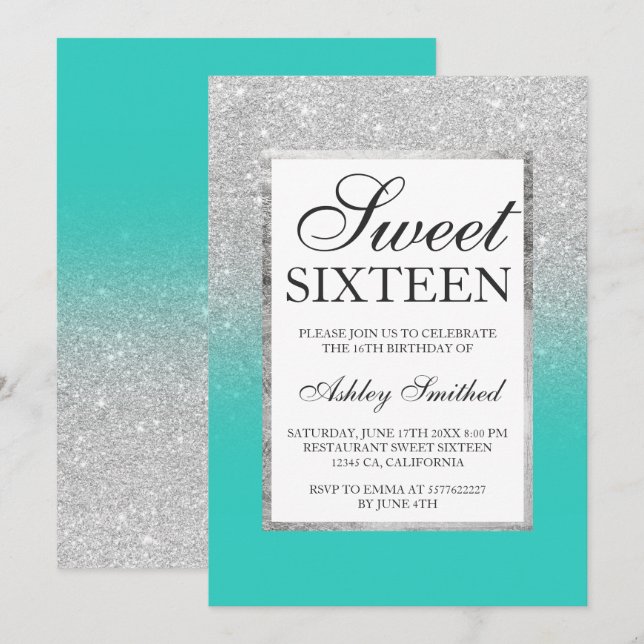 Invitation Parties scintillant argent ombre turquoise chic Sw (Devant / Derrière)