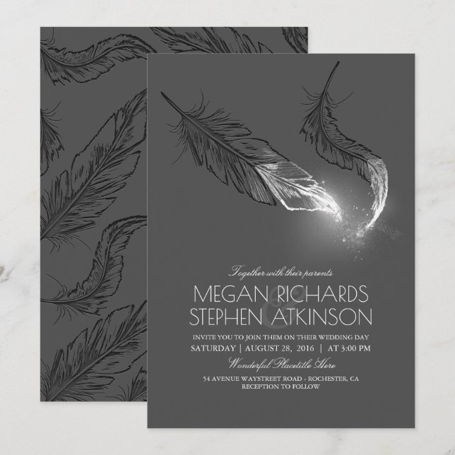 Invitation Parties scintillant Argent Plumes Élégant Mariage  (Devant / Derrière)