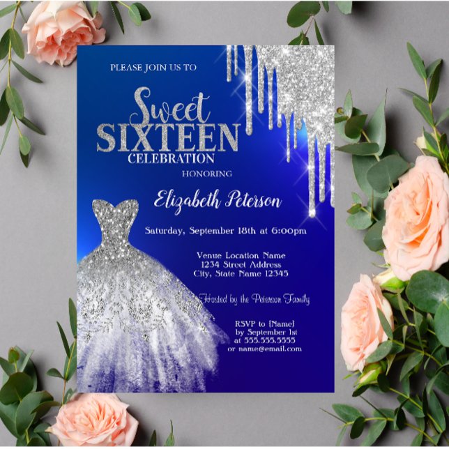 Invitation Parties scintillant Argent, Robe Bleu Doux 16 (Créateur téléchargé)