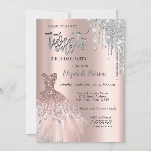 Invitation Parties scintillant Argent, Rose Robe Or 21e Anniv (Devant)