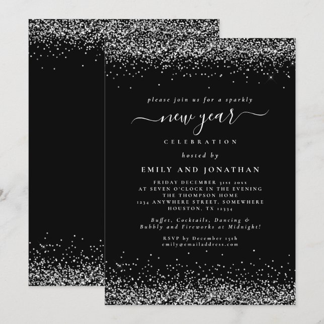 Invitation Parties scintillant Argent Script Black New Years  (Devant / Derrière)