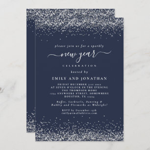 Invitation Parties scintillant Argent Script Bleu Nouvel An S