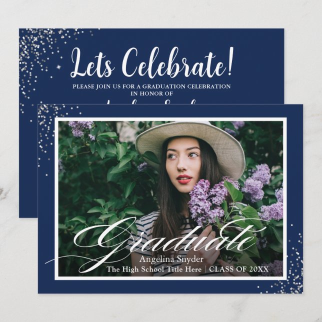 Invitation Parties scintillant Argent Script Navy Blue Photo  (Devant / Derrière)