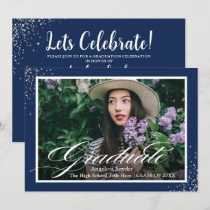 Invitation Parties scintillant Argent Script Navy Blue Photo 