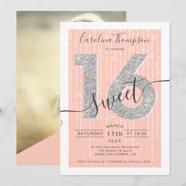 Invitation Parties scintillant argent script pêche Sweet 16 p (Devant / Derrière)