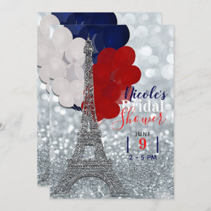 Invitation Parties scintillant Argent Tour Eiffel Rouge Blanc