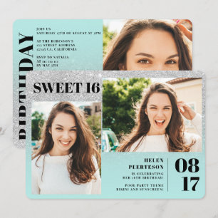 Invitation Parties scintillant argent turquoise 3 photos Swee