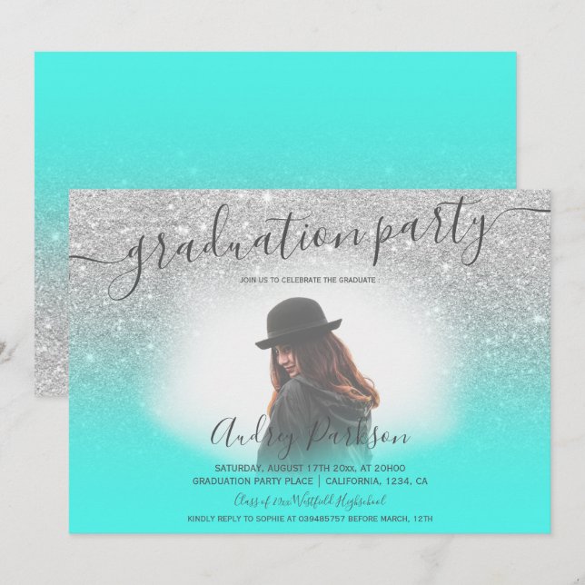 Invitation Parties scintillant argent turquoise chic graduati (Devant / Derrière)
