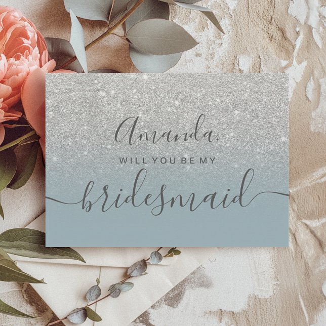 Invitation Parties scintillant argenté bleu ombre script my b (Silver glitter blue ombre script my bridesmaid invitation)