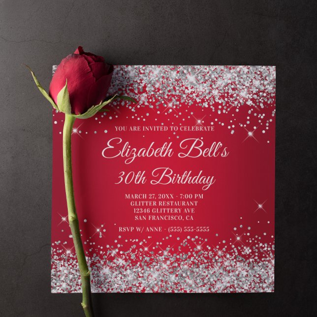 Invitation Parties scintillant argentée brillante rouge Ombre (Sparkly Silver Glitter Red Ombre Birthday Invitation)