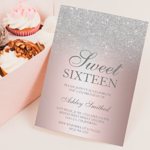 Invitation Parties scintillant argentée chic rose feuille mét