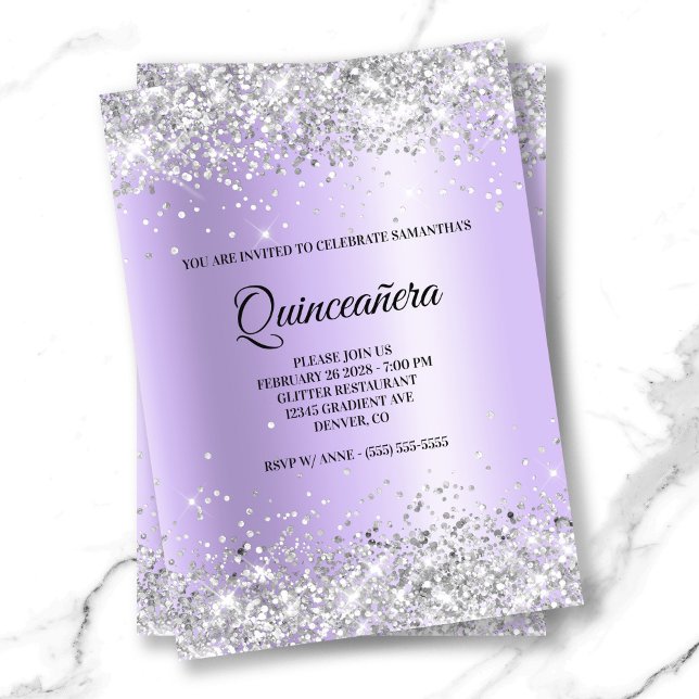 Invitation Parties scintillant argentée Lavande Satin Foil Qu (Silver Glitter Lavender Satin Foil Quinceanera Invitation)