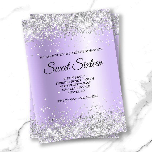 Invitation Parties scintillant argentée Lavande Satin Sweet s (Silver Glitter Lavender Satin Foil Sweet Sixteen Invitation)
