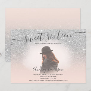 Invitation parties scintillant argentée rose chic Sweet 16 ph