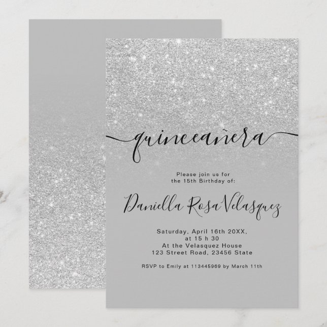 Invitation Parties scintillant argentée scintille gris ombre  (Devant / Derrière)