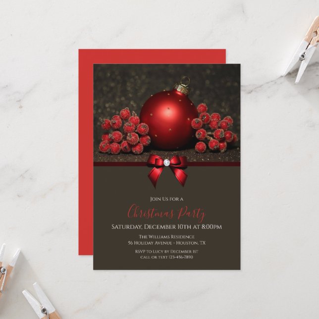 Invitation Parties scintillant Baies & Bauble Avec Bijoux Bow (Devant/Arrière en situation)