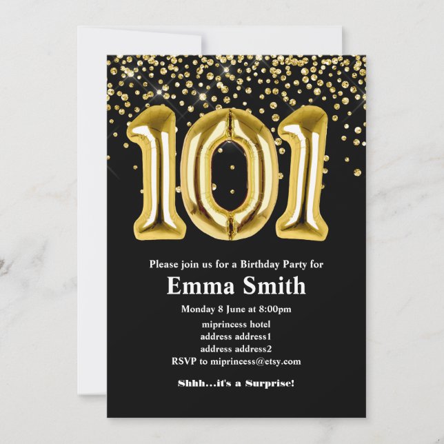 Invitation parties scintillant ballon en or pour 101e anniver (Devant)
