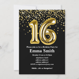 Invitation parties scintillant ballon en or pour 16ème annive