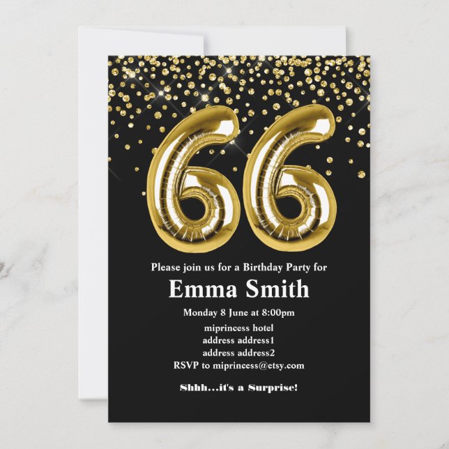 Invitation parties scintillant ballon en or pour 66e annivers (Devant)
